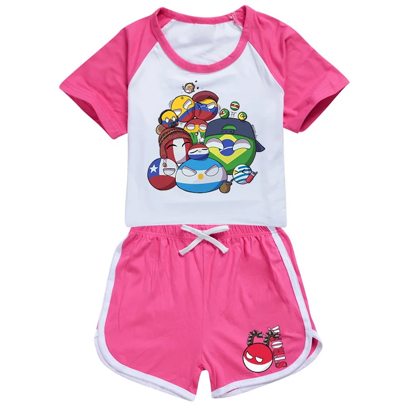 New Summer Polandball Countryball Baby Boys Girls Suit Cosplay Sportswear Set Cartoon Children Short Sleeve T Shirt + Shorts Set