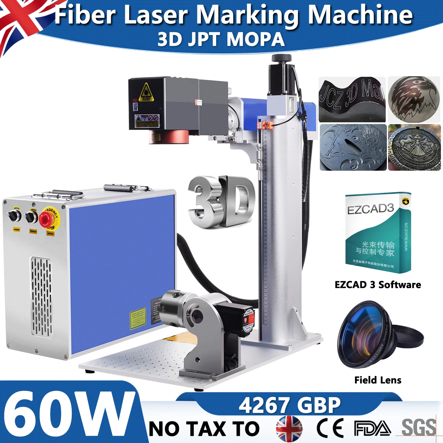 60W 3D JPT MOPA Relief Engraver Fiber Laser Marking Machine EZCAD3 Deep Cutting Engraving Machine for Metal Guns Jewelry