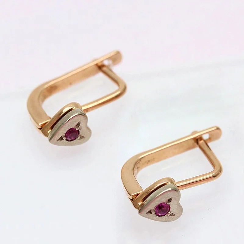 585 Purple Gold Earrings Pink Zircon Heart-shaped Earrings for Women Plated 14K Rose Gold Small Earings Simple Jewelry