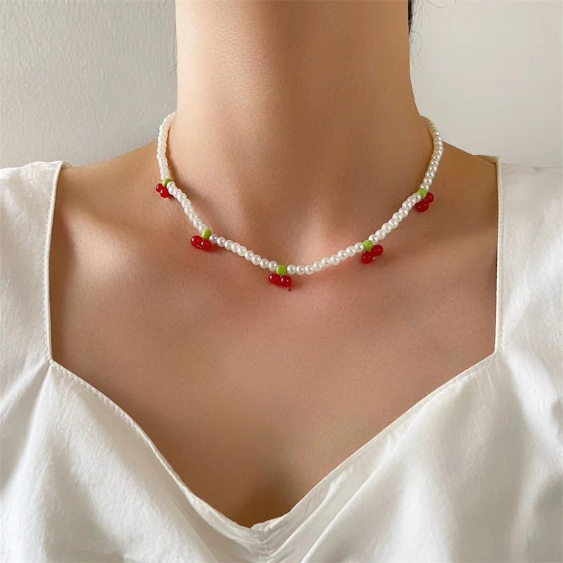 

Cute Red Cherry Simulated Pearl Necklace for Women Bohemia Beaded Fruits Heart Pendant Necklaces Friendship Jewelry Gift