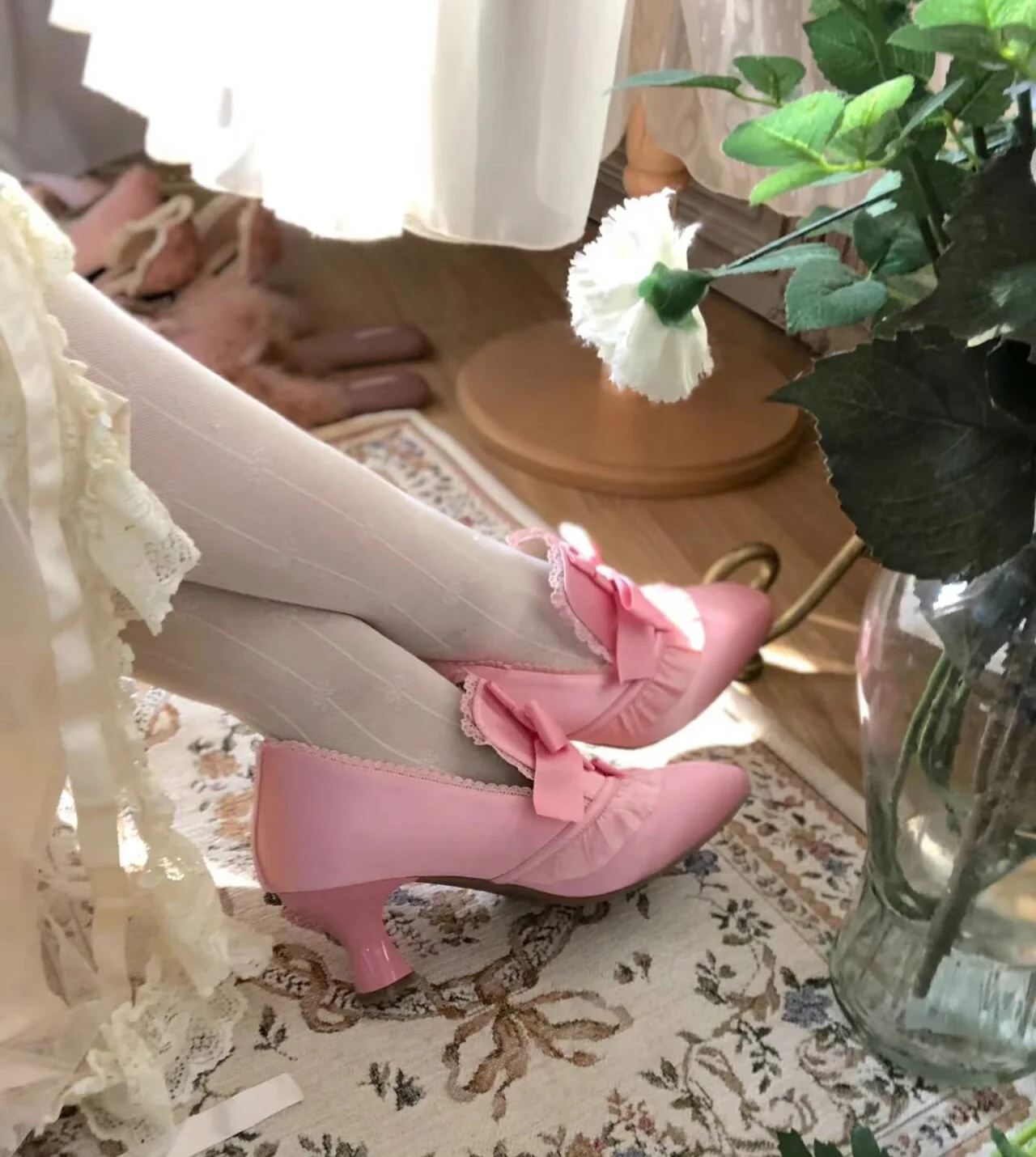 Lace Pink Butterfly-Knot Round Toe Women Pumps Shoes Stiletto Middle Heels Slip On Design Large Size Lolita Marry Jane Shoes