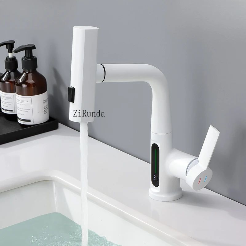 Digital Display Basin Faucet Washbasin Pull-out Hot and Cold Multi-functional Lifting and Rotating All-copper Gun Gray