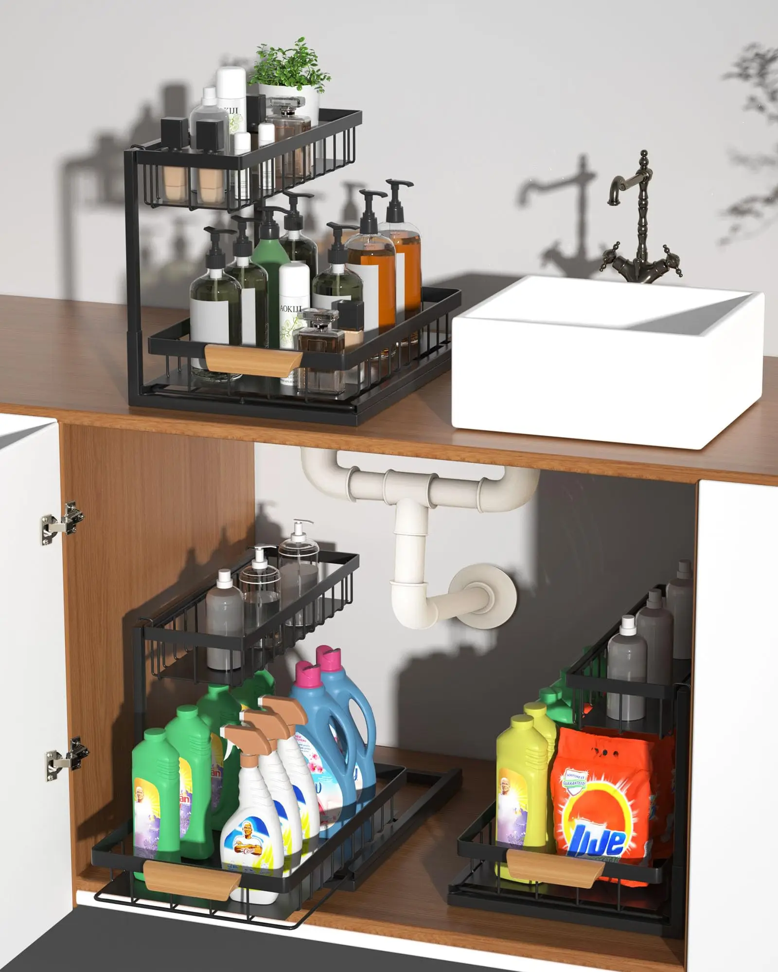 2 Tier Under Sink Organizer,Metal Pull Out Kitchen Cabinet Organizer with Sliding Drawer,Sturdy Multi-Functional for Kitchen