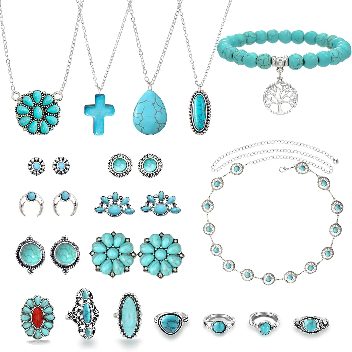 

Western Boho Turquoise Jewelry Set for Women 19PCS Rings Necklaces Earrings Concho Belt Bracelets Vintage Southwestern Style