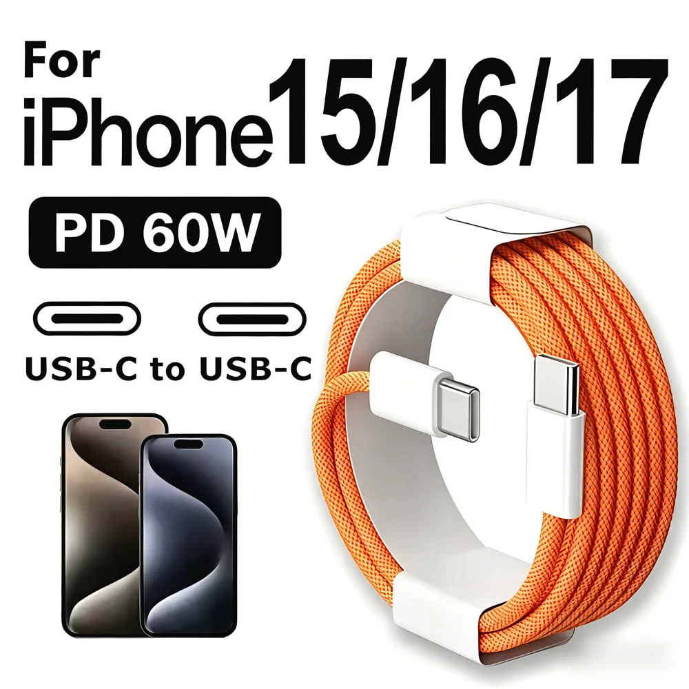 Cable Trenzado USB C a USB C de Carga Rápida PD 60W para iPhone 15 16 17, Samsung, Xiaomi, Redmi, POCO, Cables de Carga Rápida Tipo C