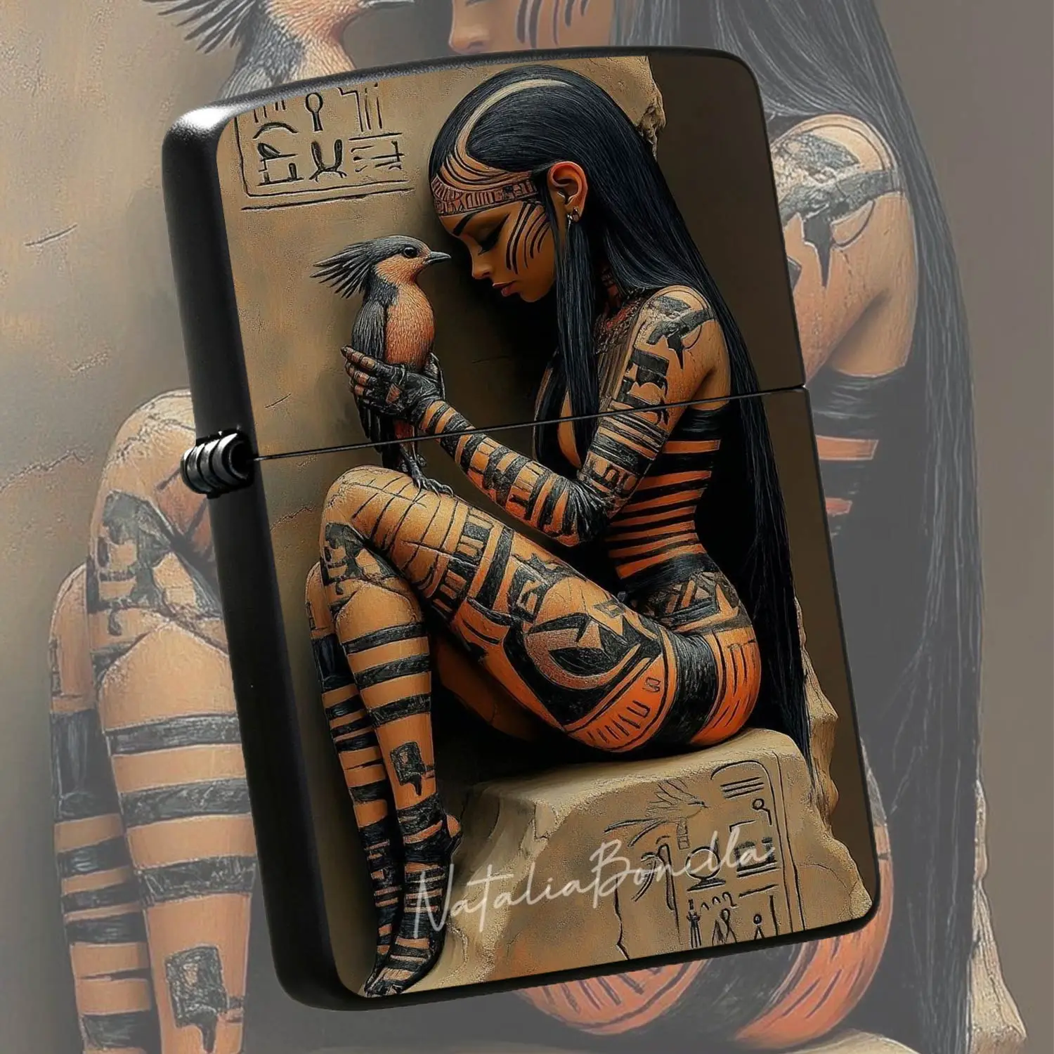Creative Egyptian Style Art Lighter, Engraved Pattern Of Ancient Themed Girl And Sacred Bird, Exotic Hieroglyph Decor, Portable Artistic Practical Accessory For Daily Use Gatherings Outdoor Activities Home Decor Unique Festival Gift For Art