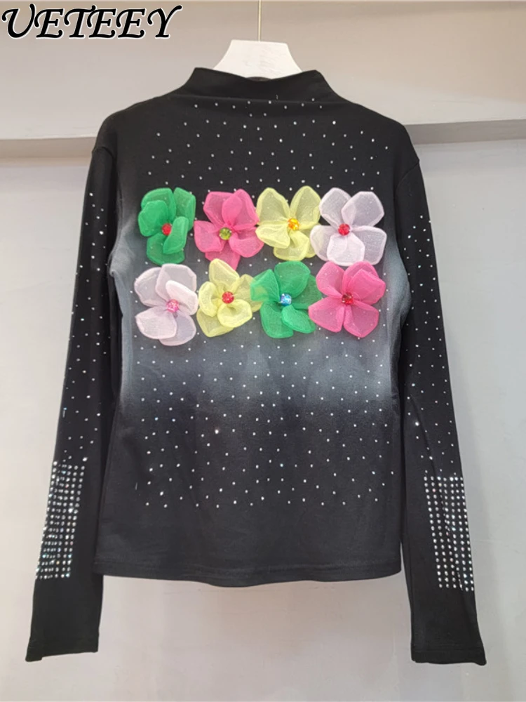 

Heavy Industry Starry Hot Drilling Tie-Dyed Flower Bottoming Shirt Women's Slim Fit Black Tops Outdoor Fashion Base Sweater