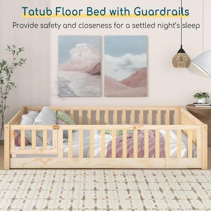 Cama de piso completo com guardas de segurança e ripas, estrutura de cama de chão para crianças em tamanho real para meninas e meninos, cama de chão montessori de madeira