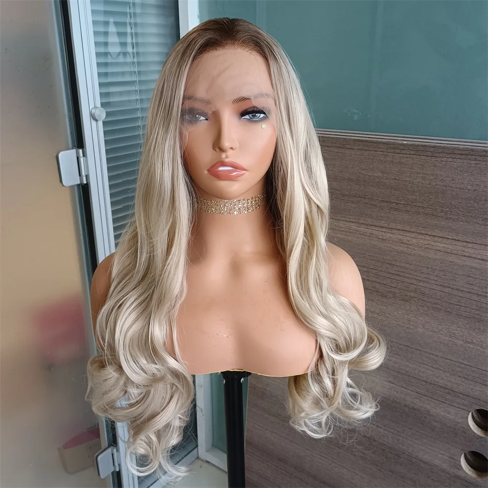 

FANXITION Ombre Blonde Synthetic Wig Brown Roots Long Body Wave Lace Front Wig for Women Heat Resistant Fiber Hair Daily Use Wig