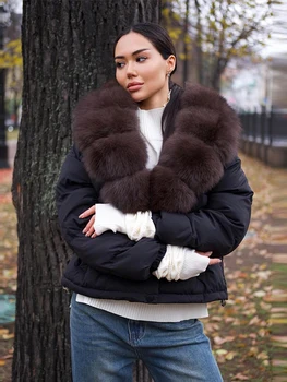 Fashion Solid Women's Puffer Jacket Faux Fur Collar Splice Long Sleeves Short Loose Coat Chic 2026 Autumn Winter New Daily Wear 6