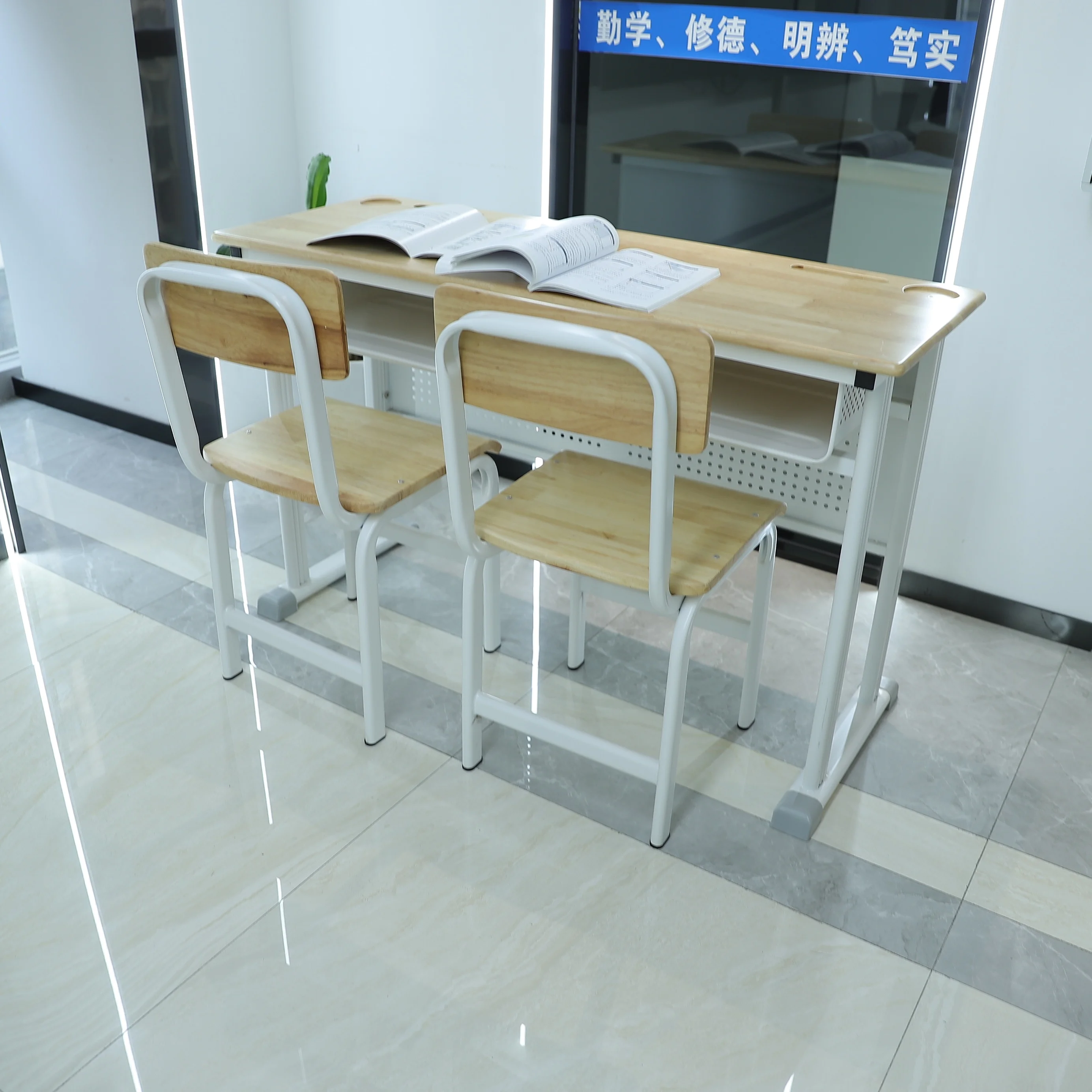 Modern Minimalist Classroom Furniture School 2-person Double Table Chair Set Steel Frame Wooden Desktop Durable Eco-Friendly
