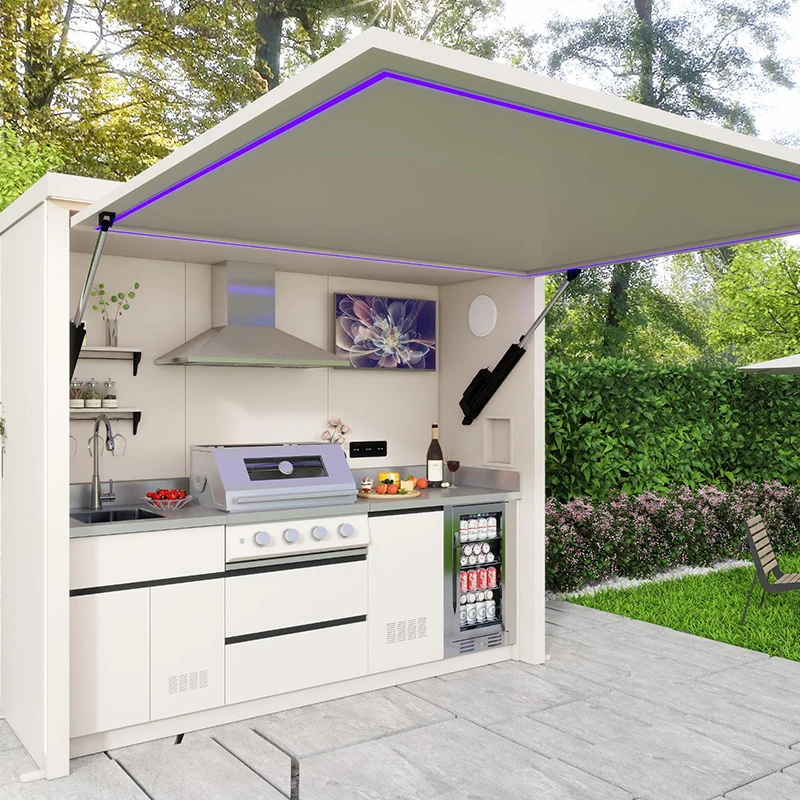 Modular Outdoor Kitchen Pod with SUS 304 Stainless Steel Cabinets, Pre-assembled All-in-one BBQ Station for Luxury Villa Garden