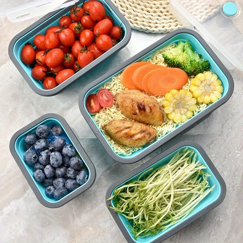 4-Size Collapsible Silicone Bento Box Set - Microwave & Freezer Safe Rectangular Food Containers for Camping,