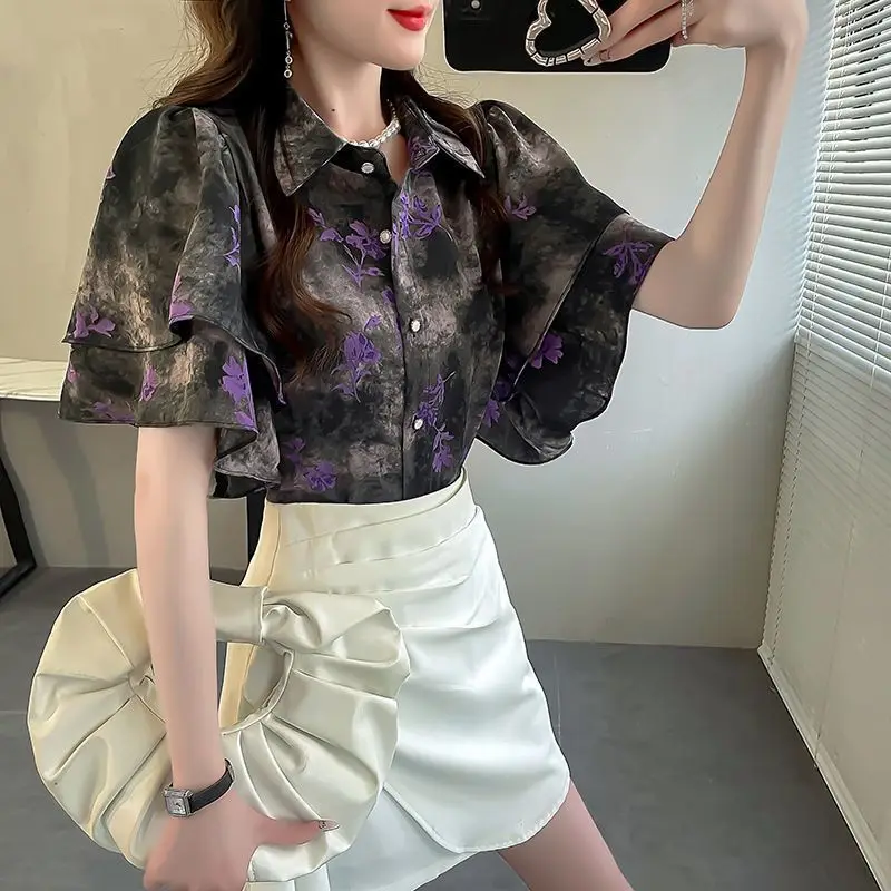 Ruffles Short Sleeve Blouse Oversized Women\'s Clothing Korean Fashion Buttons Turn-down Collar Shirts Ladies Elegant Top Tee