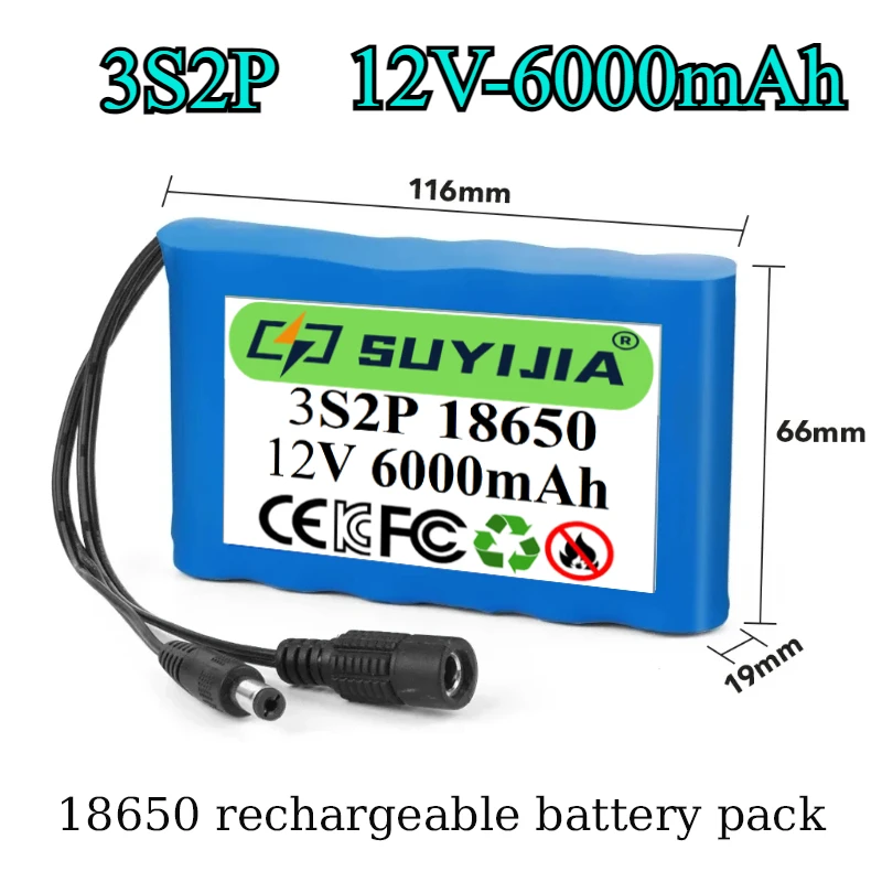 

18650 3S2P 12V 6000mah Original Lithium Ion Battery DC 12.6V 6Ah Rechargeable CCTV Camera Monitor Replacement Battery+Charger