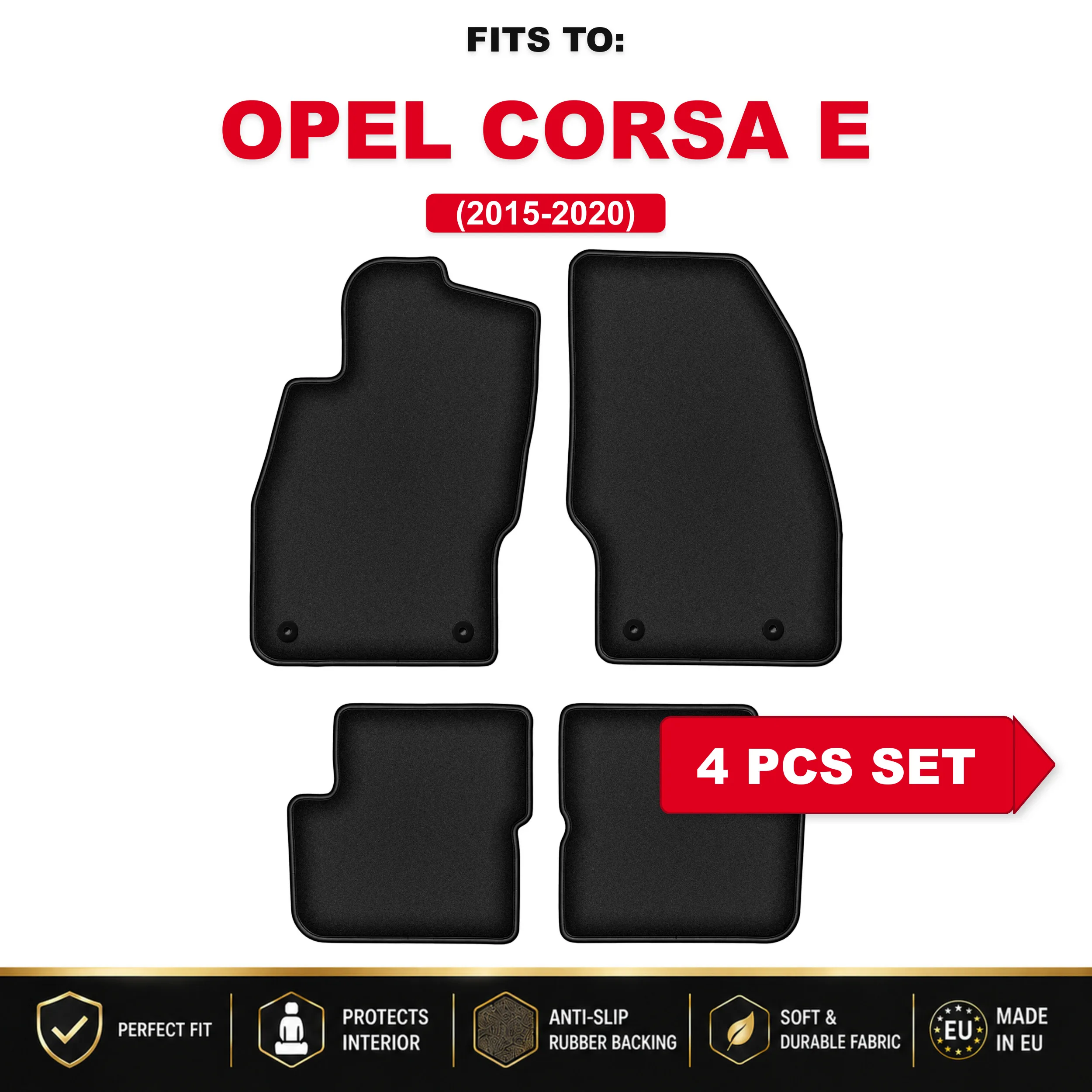 Zwarte velours autovloermatten, 4 stuks Voor: Opel Corsa D 2006-2015 automattenset voor in de auto
