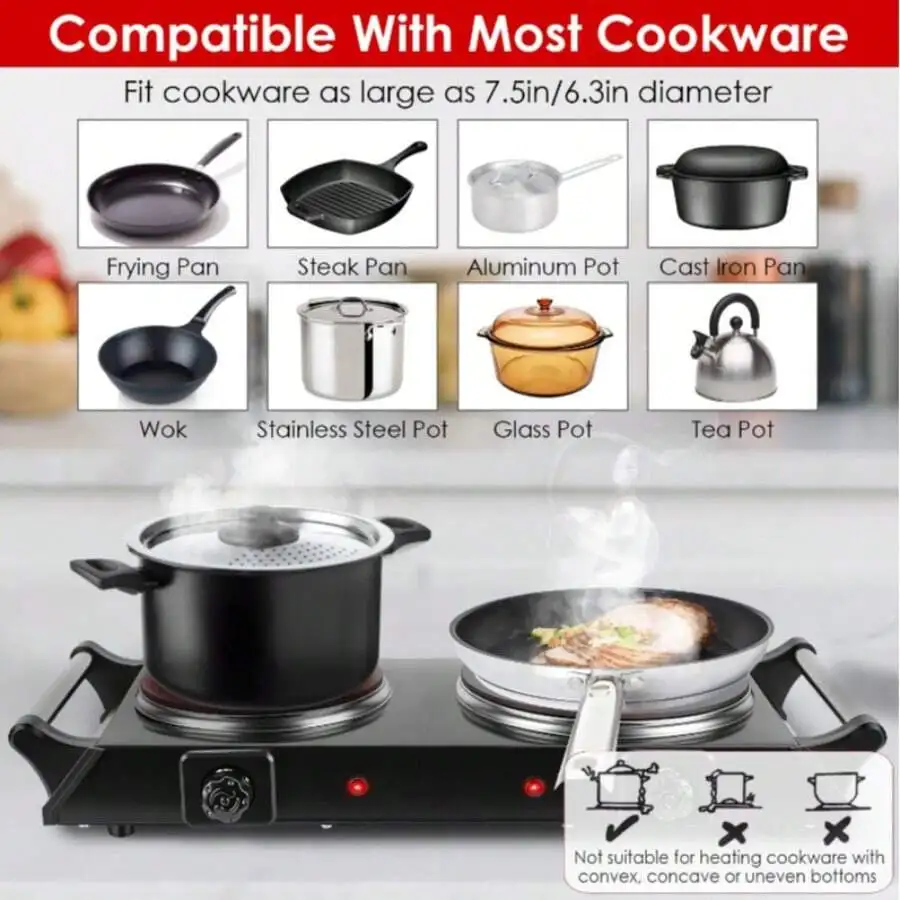 

Dual Electric Hot Plate Burner, 800W+1000W 5 Heat Settings Thermostat Control, Easy Clean Portable for RV/Camping/Dorm