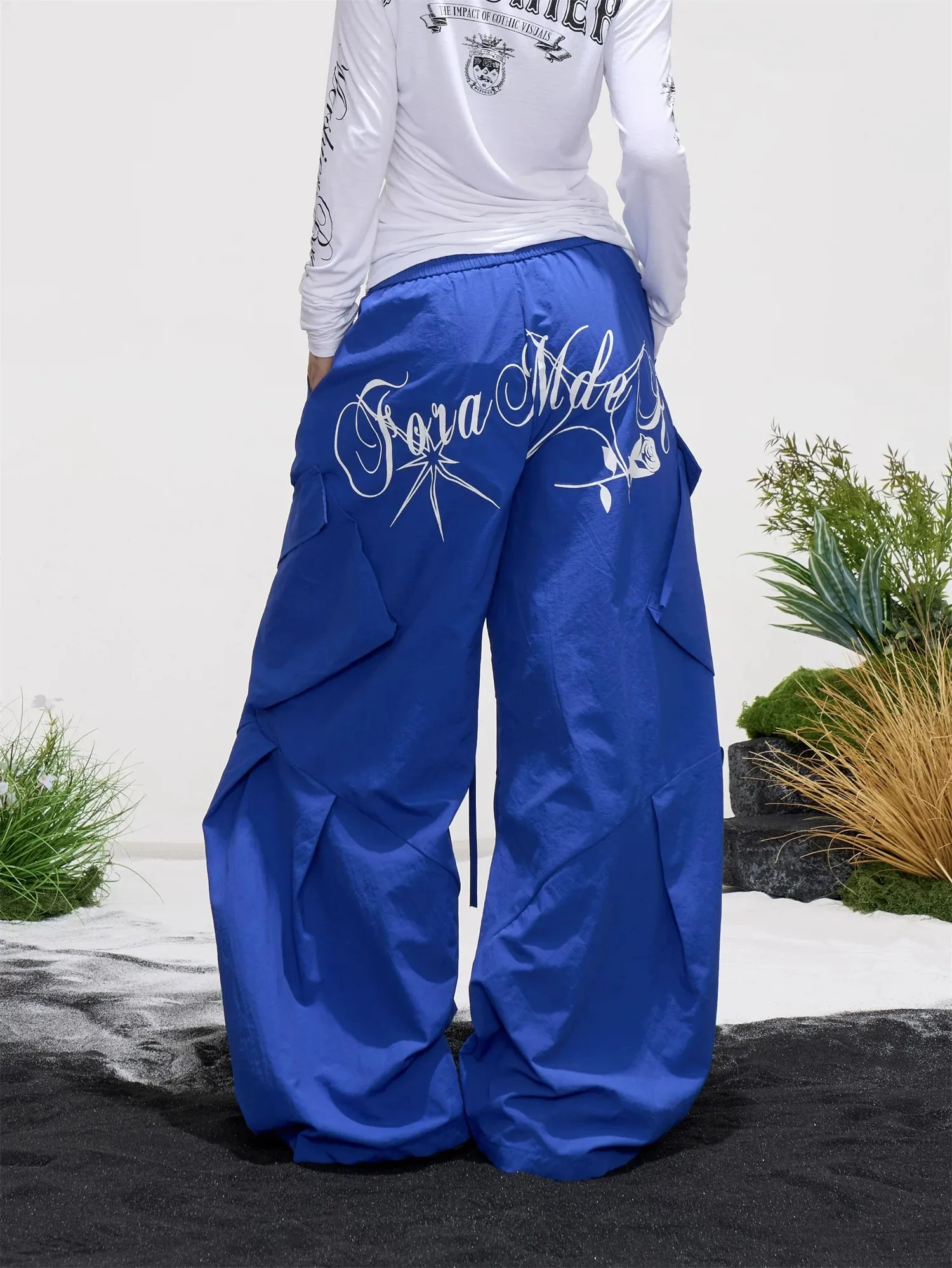 American Retro Letter Print Wide Leg Utility Pants Women's Multi Pocket Summer New Loose Casual Pants Paratrooper Pants Trendy