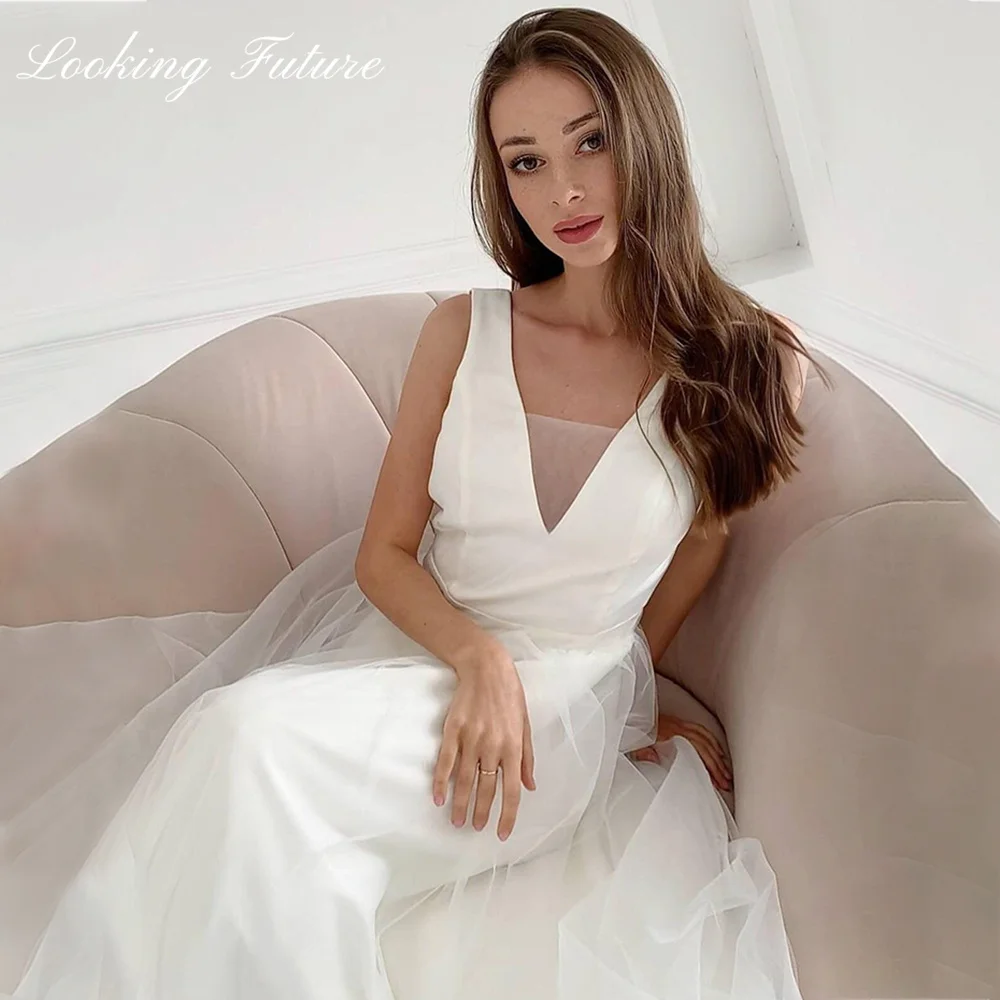 Plus Size Modern Simple Wedding Dresse Satin V Neck Bridal Gown White Sleeveless Vestido de Novia 2024 Open Back Sweep Train