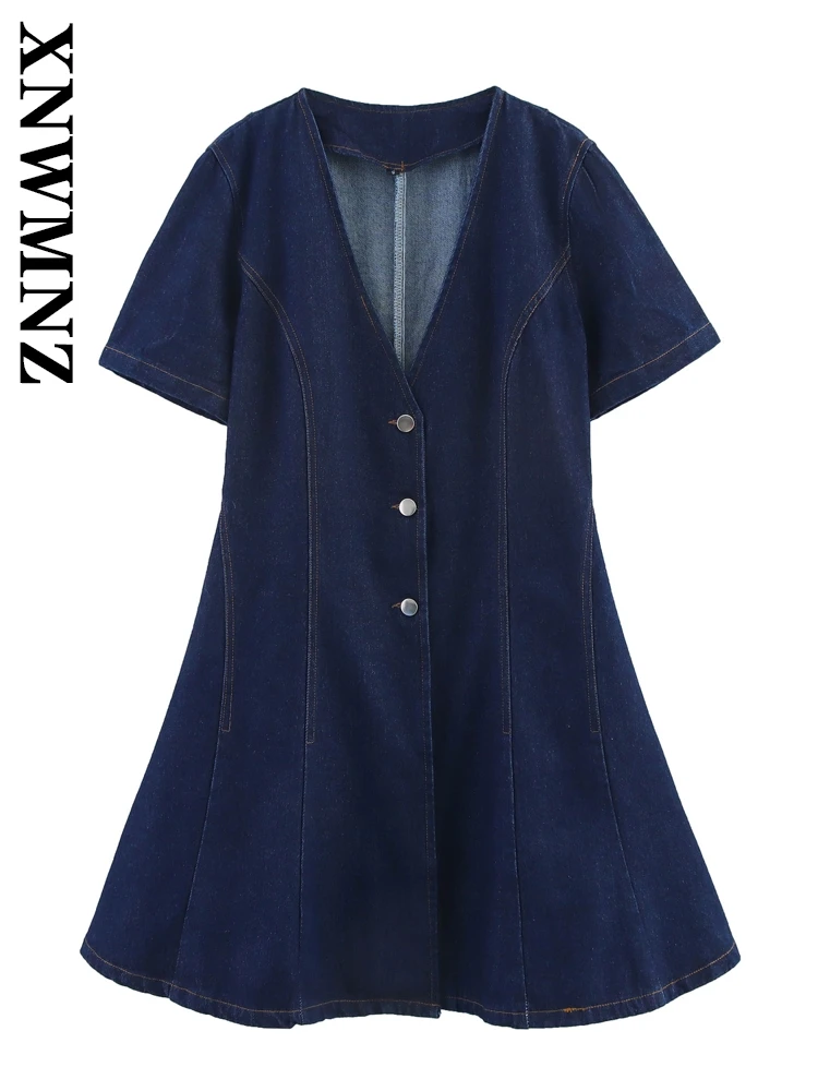 

XNWMNZ 2025 Summer Woman's Sophisticated Knit Mini Skirt Top Trendy Lady V-Collar Dress Ruffles Regular Fit Short Sleeve Dresses