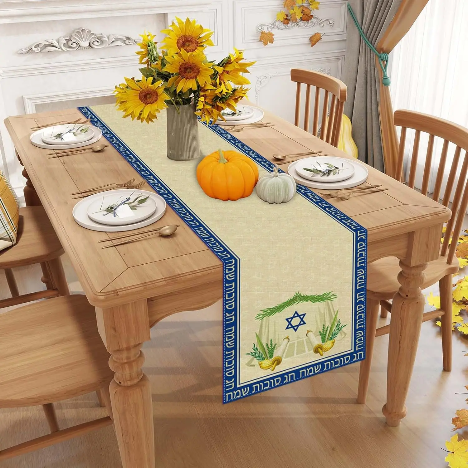 

Happy Sukkot Linen Table Runner Jewish Holiday Table Decor Reusable Sukkah Kitchen Dining Table Runner Sukkot Decorations