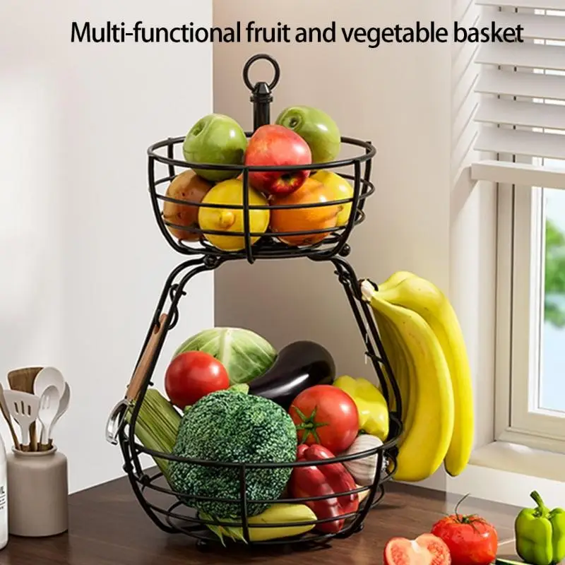 

Detachable Double Layer Snacks Organizers Basket Hollow Mesh Construction Includes Banana Hanger Metal Frame 37JD