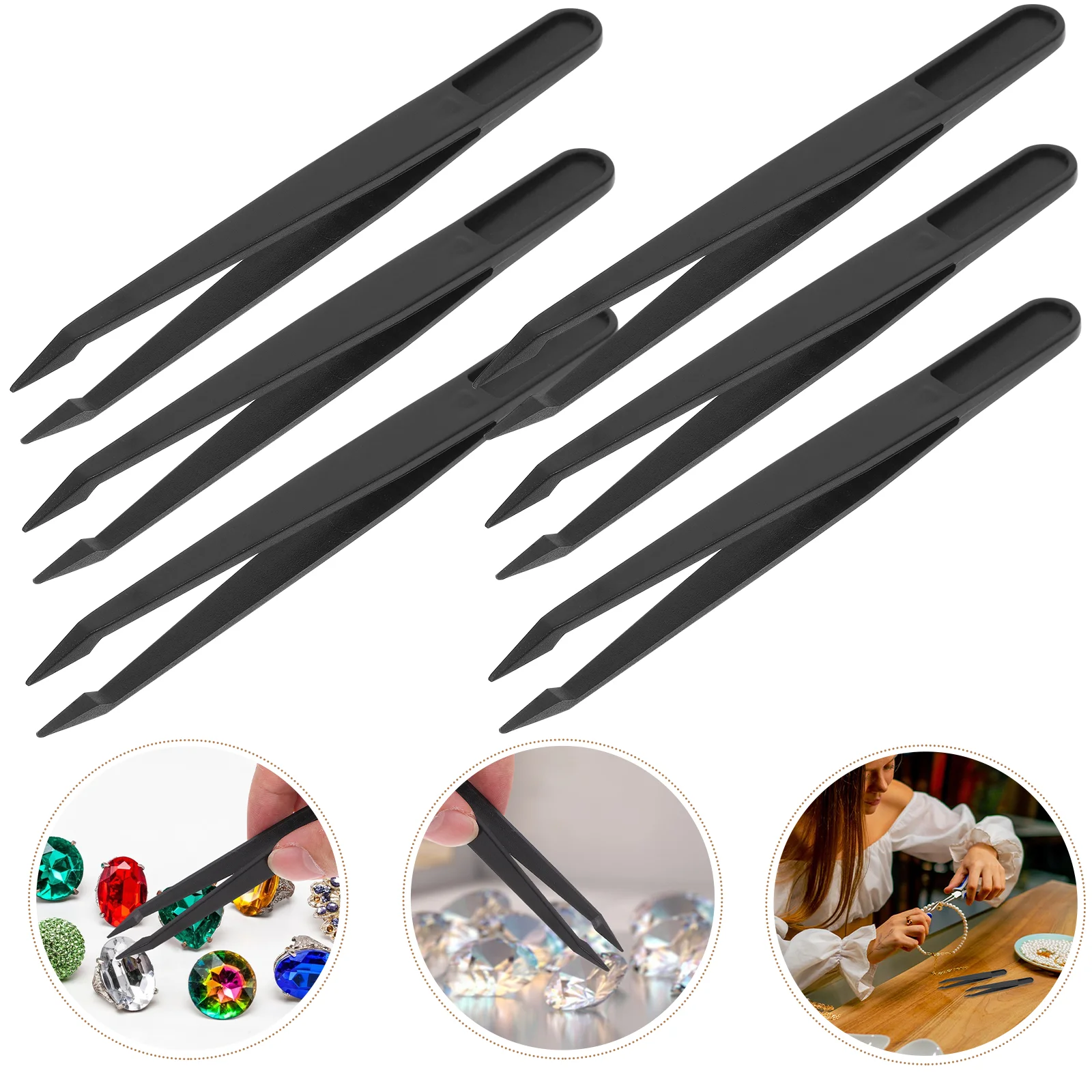 10 PCS Nail Tools for Stone Painting Tweezers Plastic Crafts Eyelash Pointed Black Tip Crafting