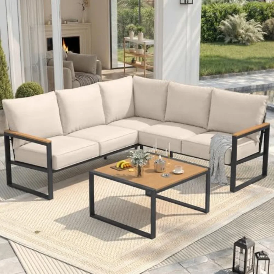 

Бежевый комплект садовой мебели из искусственного дерева, 6 предметов, L-образный уличный секционный диван с приставным столиком для балкона, веранды, заднего двора