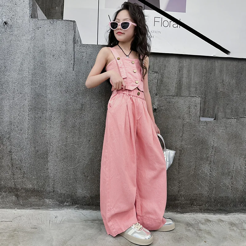 

New Children's Clothing Children's Clothing Summer Youth Design Girl's Clothes Sling Tank Top+Versatile Wide Leg Pants 2pcs Set