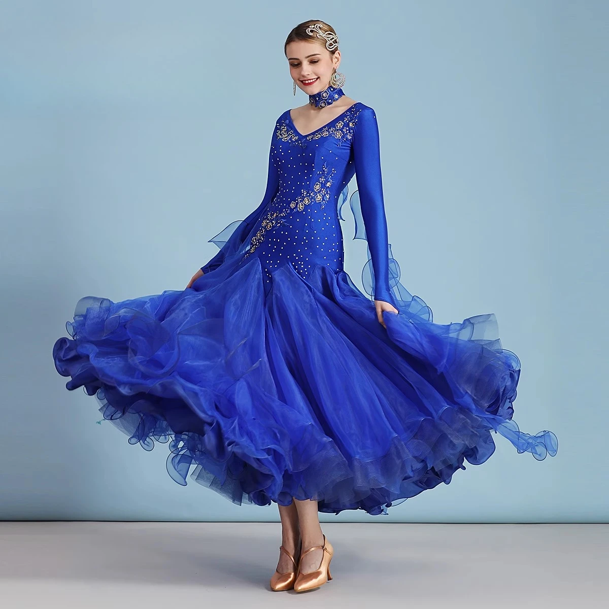 Robe de danse de salon pour femmes modernes, vêtements de danse modernes Standard, manches longues, Costumes de scène de valse incrustés de diamants