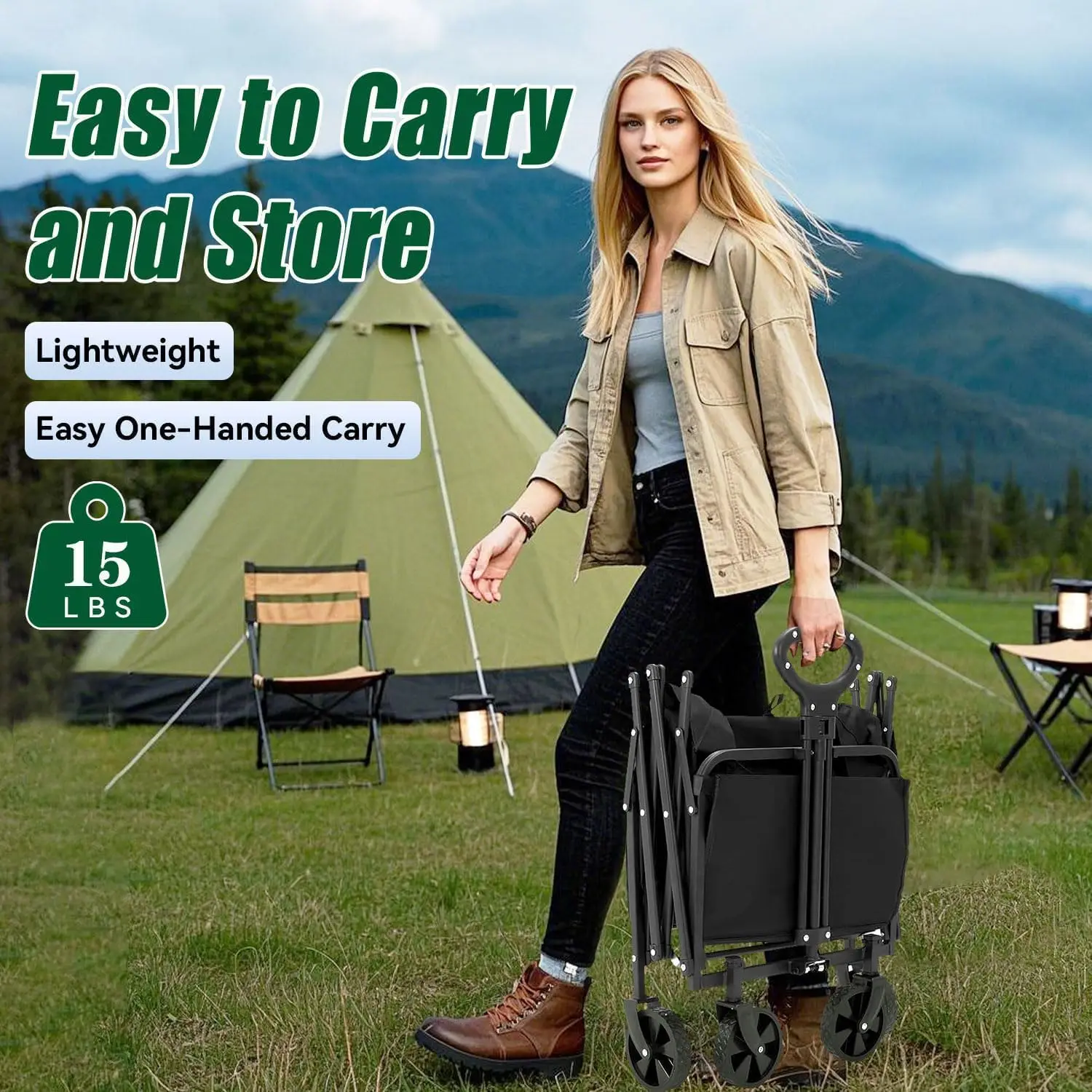 عربة عربة قابلة للطي مقاس 37 بوصة طولًا، سعة 480 رطلًا شديدة التحمل للشاطئ والتخييم والتسوق