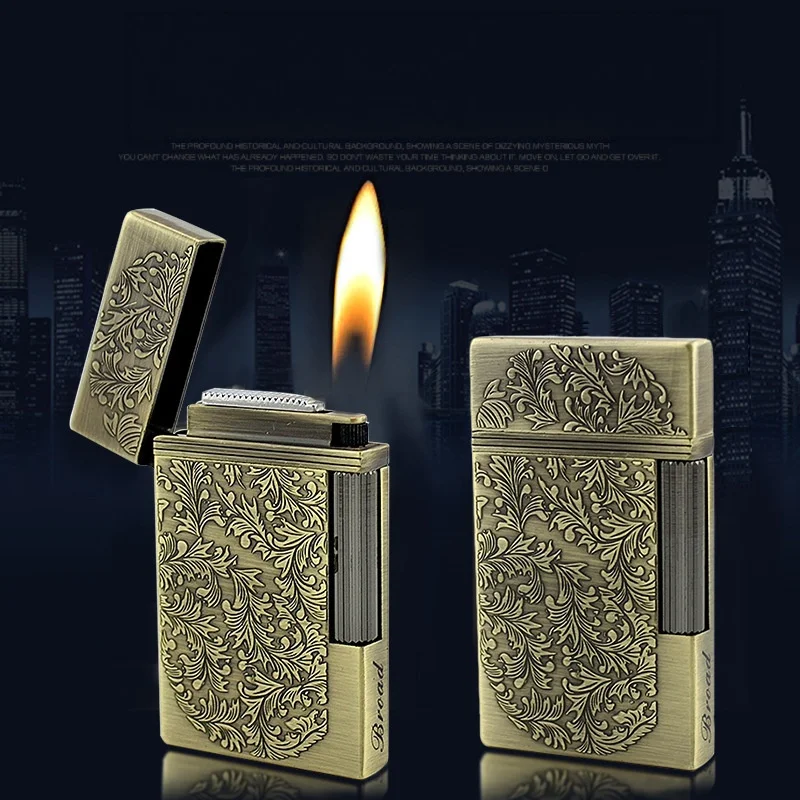 BROAD Classic Vintage Ultra-thin Butane Gas Lighter Clear Sound Metal Outdoor Gadget Mens Festival Smoking Gift for Cigarette