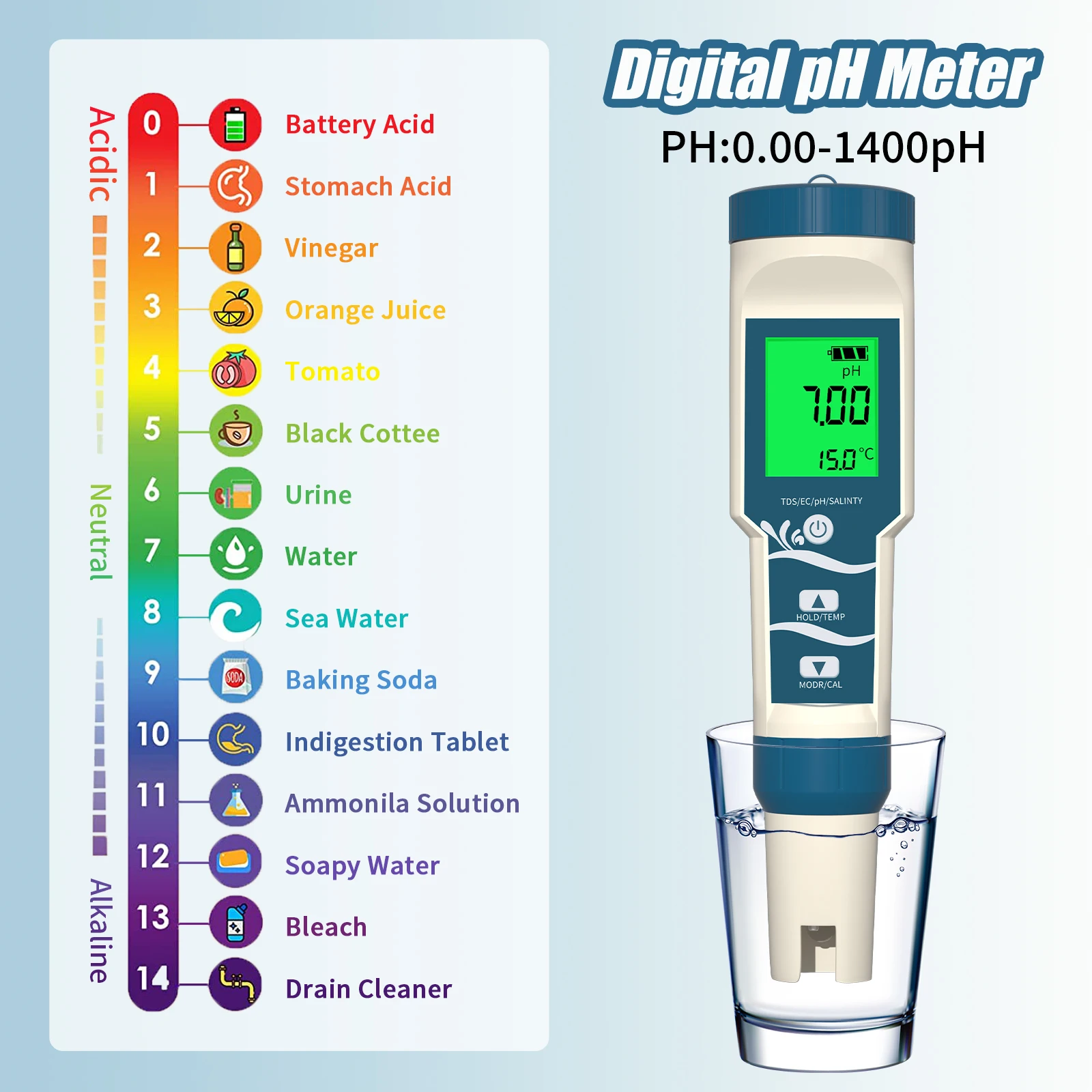 Yieryi Alta Precisão Tester Hidrogênio para Piscina de Água Potável, PH Digital, ORP, Temp, H2, ppm Medidor com ATC, Resolução 0,01