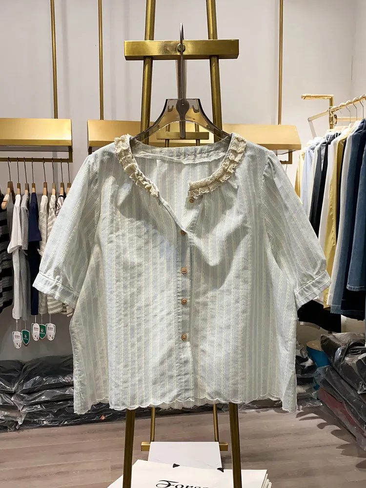 

New Summer Women's Lace Collar Spliced Striped Short Sleeve Shirt Fashionable Gentle Versatile Loose Slimming Casual Top Outfit