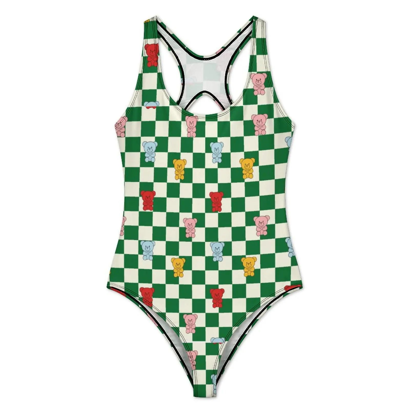 Colorful Bear Swimsuit White Green Checkerboard One Piece Swimwear Push Up Kawaii Bathing Suit Sexy Holiday Surf Bodysuit