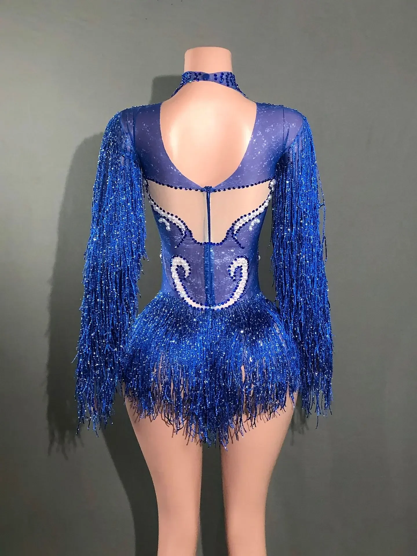 Neues Tanzkostüm für Frauen, Geburtstagsparty-Outfit, Luxuriöser Grauer Fransen-Body mit Silberfarbenen Strasssteinen und Perlen, Transparenter Bodysuit – Detail 12