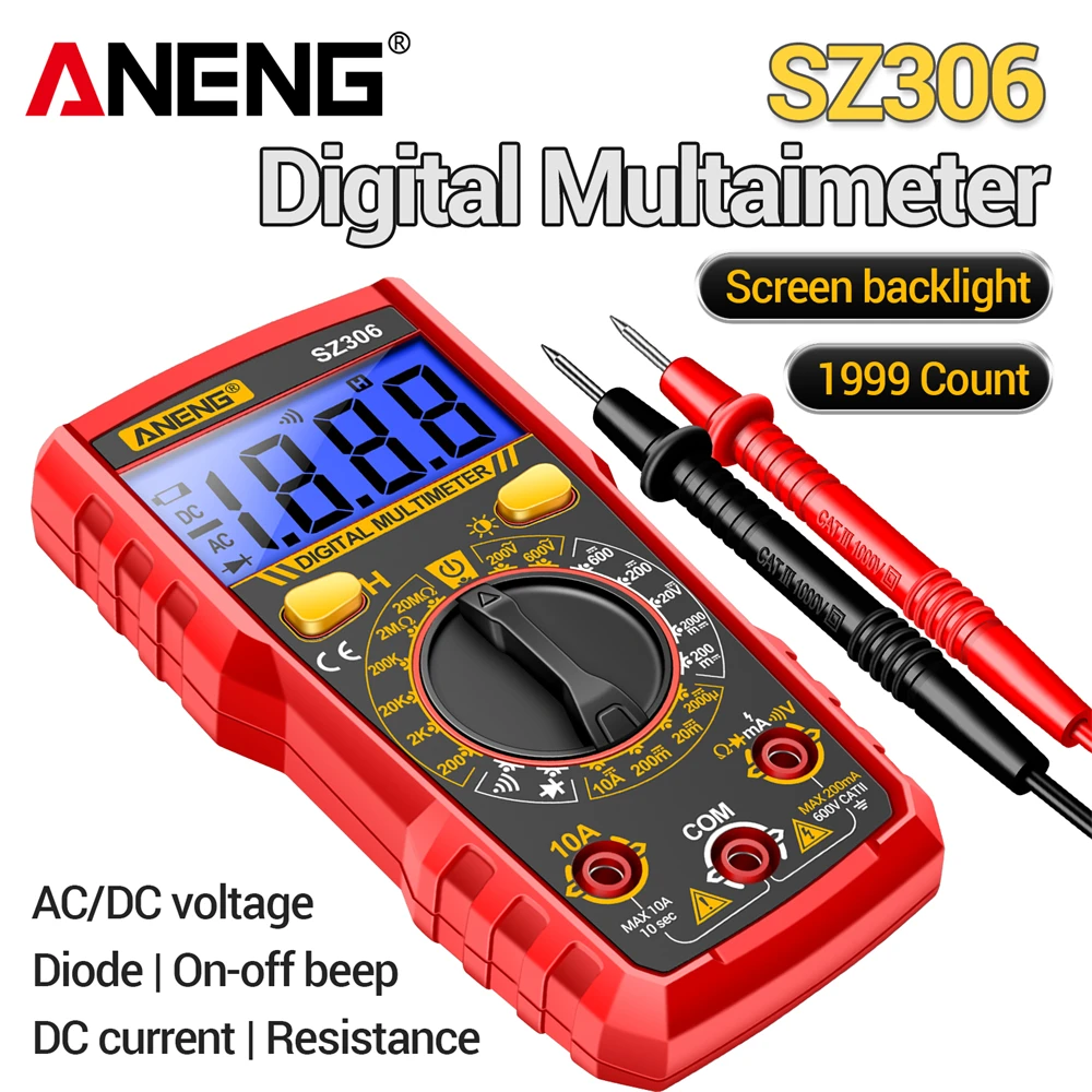 

ANENG Digital Multimeter 1999 Counts AC/DC Voltage SZ306 DC Current Resistors Diode High Precision Multimetro Tester Tools Meter