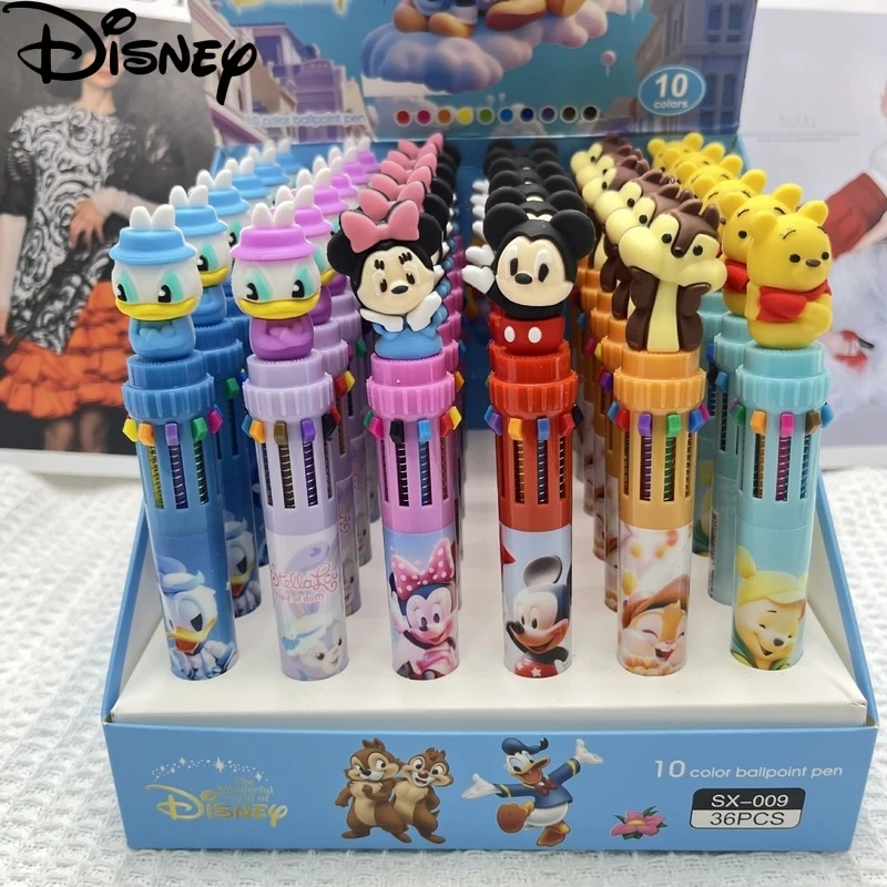 36pcs Disney Mickey Family 10 Colors Ballpoint Multi Color Press Pen Cute Cartoon Gel Pen Student Supplies Stationery Wholesale