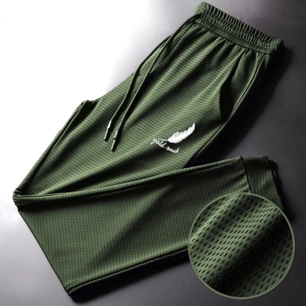 Popular  Sports Pants Bottoms Pockets Ankle Tied Sweatpants Feather Print Thin Men Pants for Outdoor