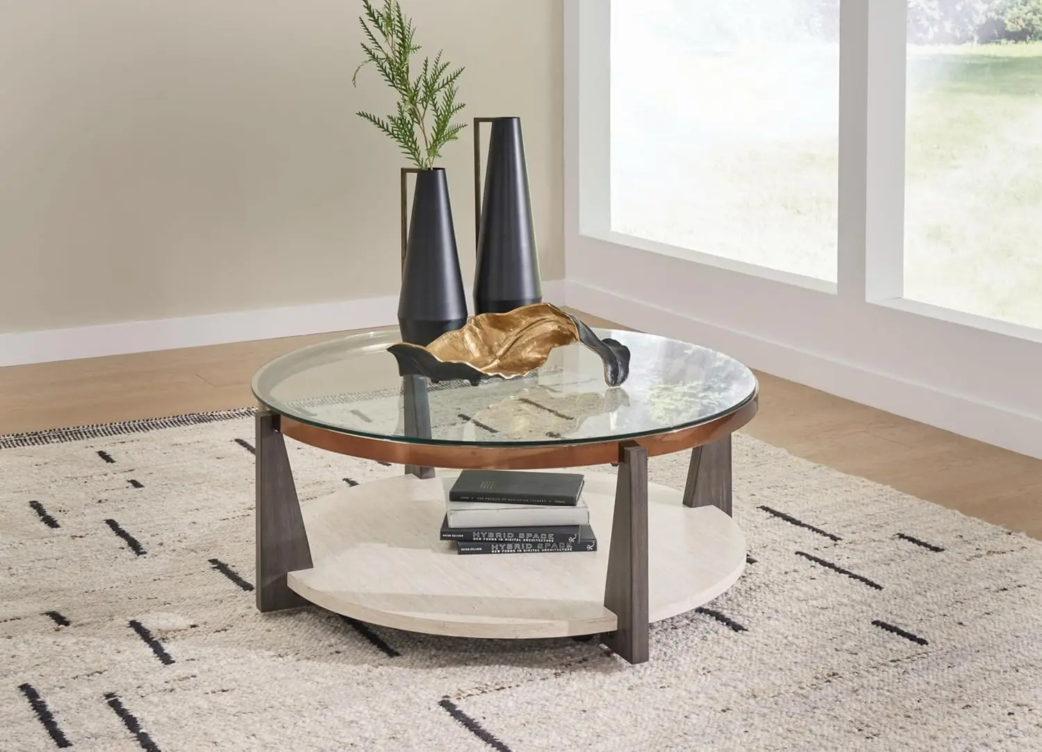 Design by Ashley Frazwa Round Glasstop Coffee Table, Gray/Brown/Gold