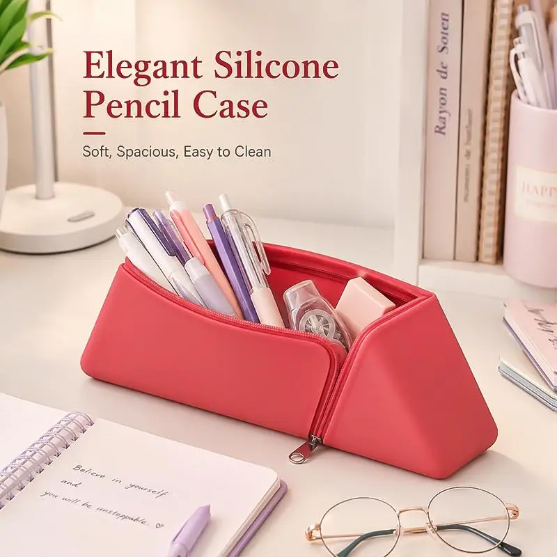 Double Silicone Pencil Case Zippered Stationery Box For Students Desktop Silicone Dual-Purpose Pen Holder And Pen Bag
