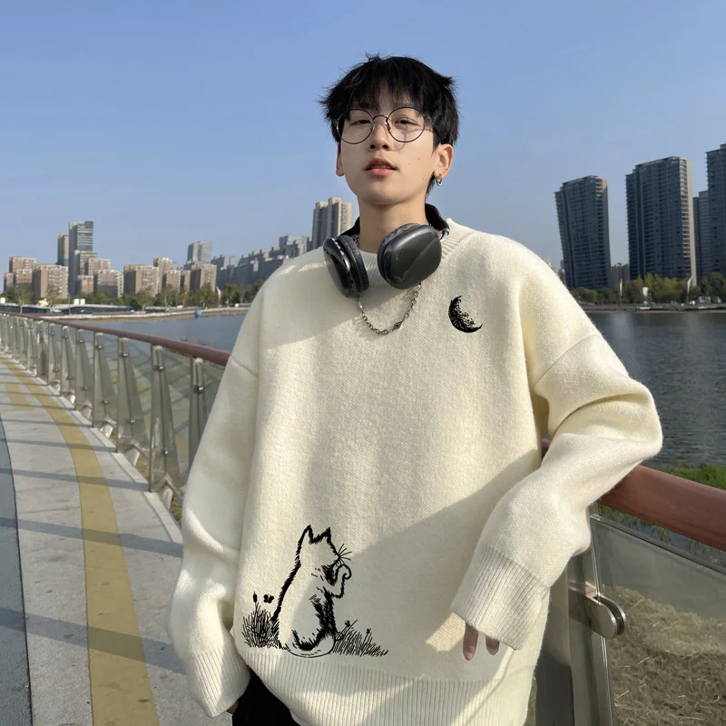 

Men's Oversized Sweaters Autumn White Knitted Sweater 5XL Moon Cat Print Casual Wear for Man Knit Pulloves Men Clothes