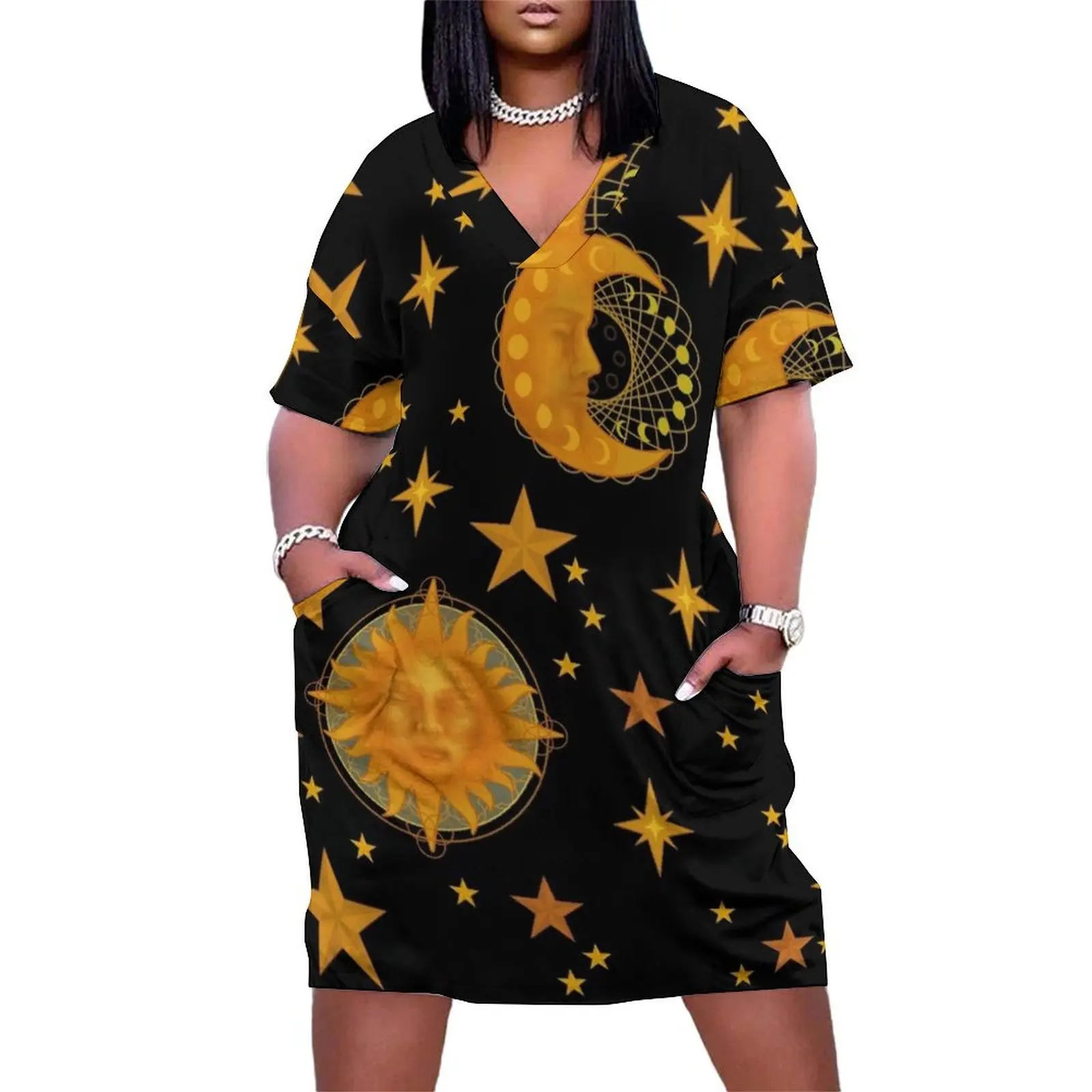 

Bohemian 90's Sun and Moon Celestial Pattern Loose Pocket Dress summer dress for women 2025 loose summer dress