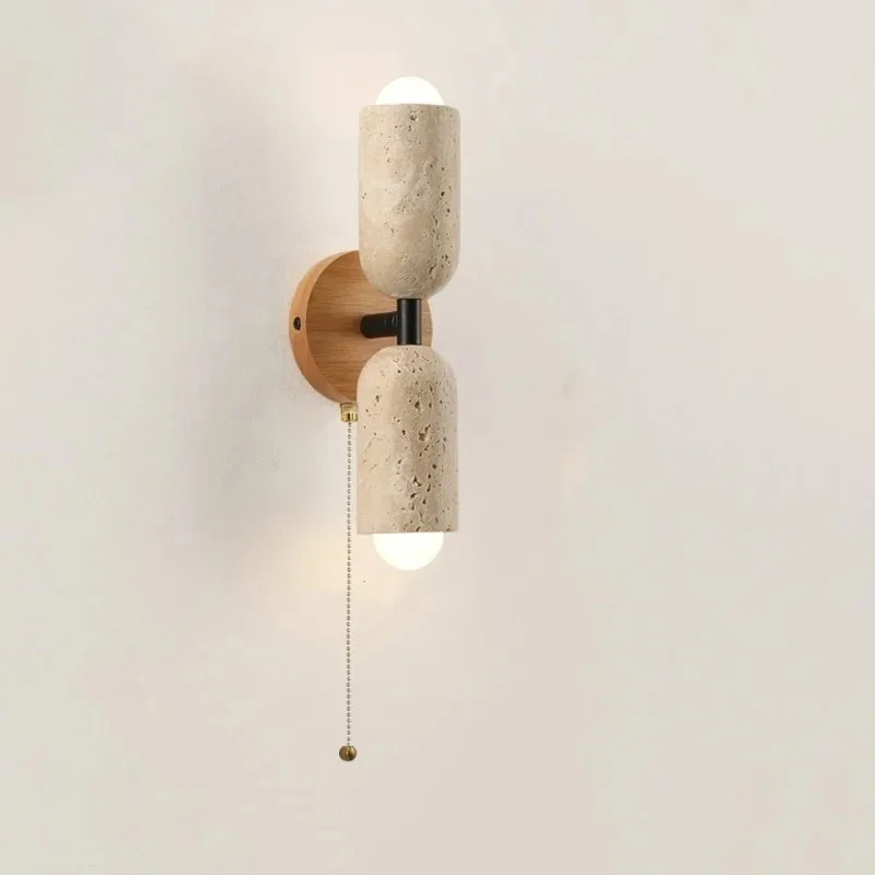 Wabi Sabi Japanese Wall Sconce Yellow Travertine Pull Chain LED Stone Light Bedroom Reading Hallway Bar Cafe Nordic Home Decor