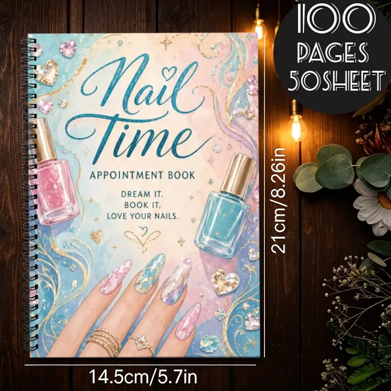 A5 Nail Salon Appointment Book, Pastel Glitter Nail Art Planner, Daily Schedule Organizer for Beauty Salon Professionals