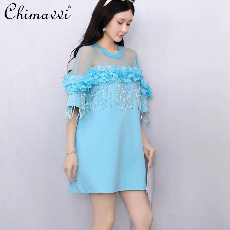 夏の新レディースファッション Tシャツルーズ大きいサイズメッシュフラワーフリンジトップファッション半袖エレガントなスウィートガールプルオーバートップ