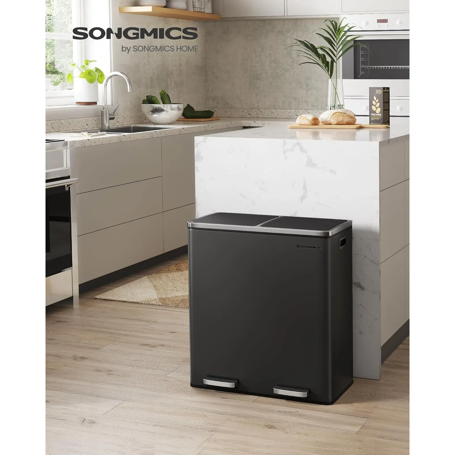 SONGMICS Plastic Hinged Lids Handles Dual Garbage Can 16 Gal (60L) Rubbish 15 Trash Bags Metal Step Bin 2 X 8 Gallon Black