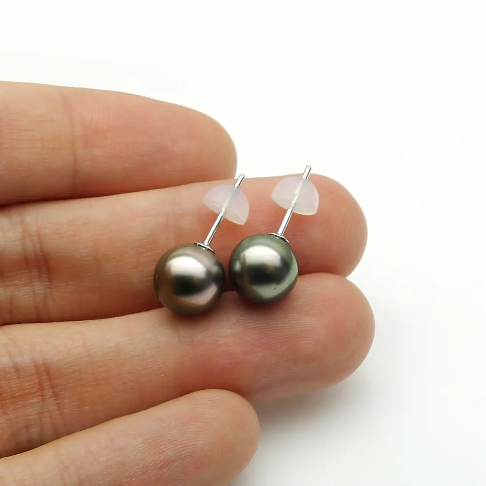 

Free Shipping Black Green Tahitian Sea Cultured Pearl Ear Stud Earrings 18K White Gold 8.5-9MM