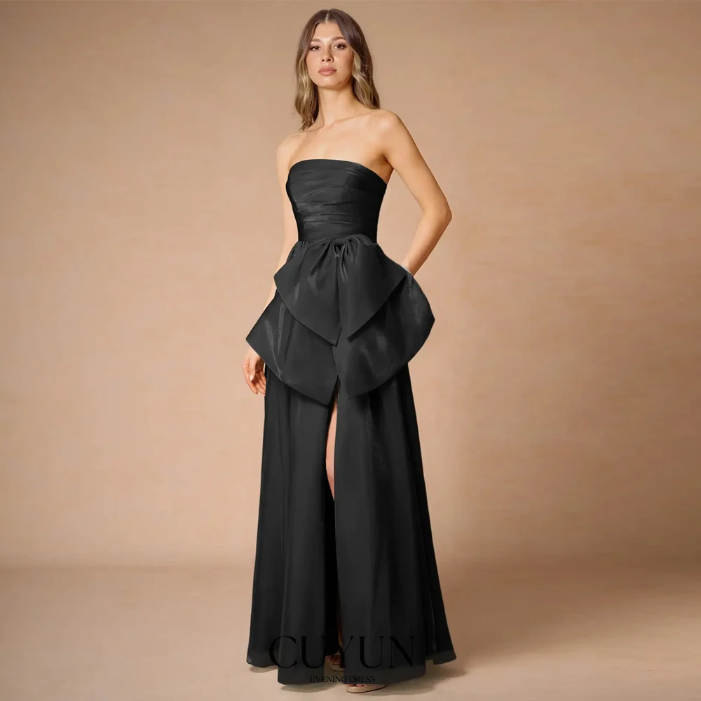 

CUYUN Simple Elegant Evening Dresses Strapless High Slit Bow Prom Dresses Customized A Line Backless Women Party Gown