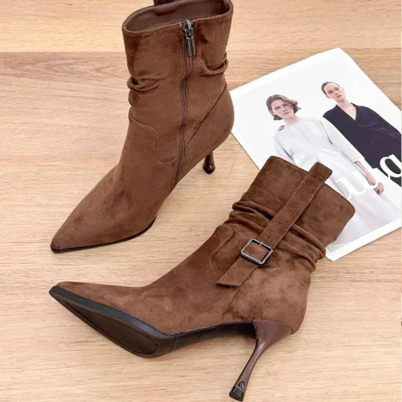 

High Heels Suede Women Ankle Boots Autumn Winter 2025 Fashion Goth Women Shoes Pointed Toe Platform Sexy Elegant Women Boots